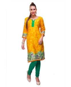 Yellow Cotton Digital Printed Straight Cut Kurtis