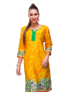 Yellow Cotton Digital Printed Straight Cut Kurtis