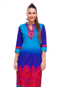 Blue Cotton Digital Printed Straight Cut Kurtis