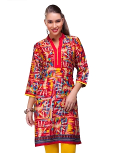Red Cotton Digital Printed Straight Cut Kurtis