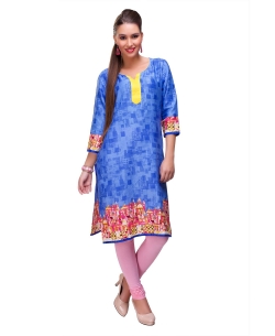 Blue Cotton Digital Printed Straight Cut Kurtis