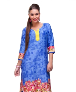 Blue Cotton Digital Printed Straight Cut Kurtis