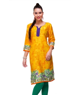 Yellow Cotton Digital Printed Straight Cut Kurtis