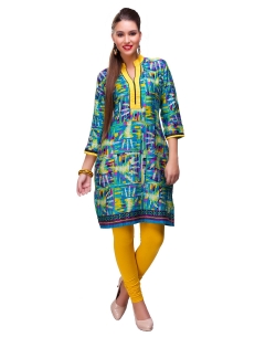 Blue Cotton Digital Printed Straight Cut Kurtis