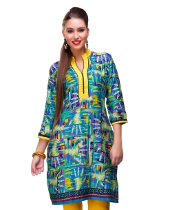 Blue Cotton Digital Printed Straight Cut Kurtis