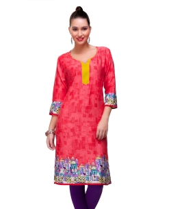 Pink Cotton Digital Printed Straight Cut Kurtis