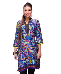 Blue Cotton Digital Printed Straight Cut Kurtis