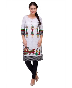 White Cotton Digital Printed Straight Cut Kurtis