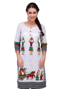 White Cotton Digital Printed Straight Cut Kurtis