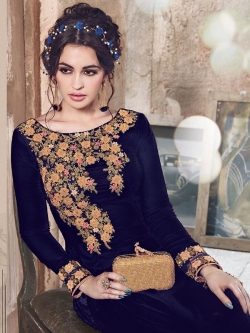 Blue Folco Velvet Floral Embroidered Straight Suits