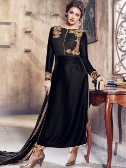 Black Folco Velvet Floral Embroidered Straight Suits