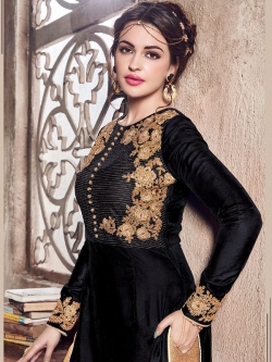 Black Folco Velvet Floral Embroidered Straight Suits