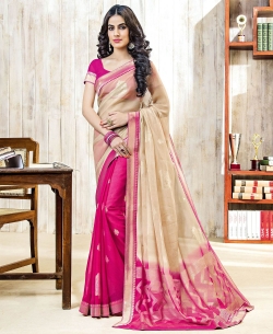 Beige And Pink Chiffon Braso Printed, Lace Border Half And Half Sarees