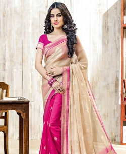 Beige And Pink Chiffon Braso Printed, Lace Border Half And Half Sarees