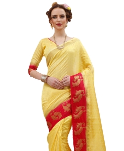 Yellow Silk Jacquard Pattern, Block Print Traditional Sarees