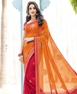 Orange And Red Chiffon Braso Printed, Lace Border Half And Half Sarees