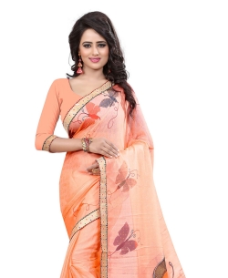 Peach Chiffon Printed, Lace Border Traditional Sarees