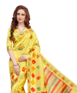 Yellow Silk Jacquard Pattern, Printed Traditional Sarees