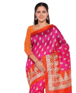 Pink Cotton Silk Printed Regular Sarees