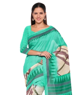 Green And OfffWhite Cotton Silk Printed Regular Sarees
