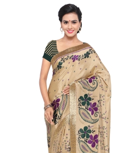 Beige Turkey Silk Floral Printed, Stone Work Regular Sarees