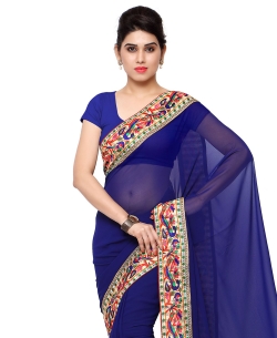 Blue Georgette Peacock Pattern Border Border Sarees