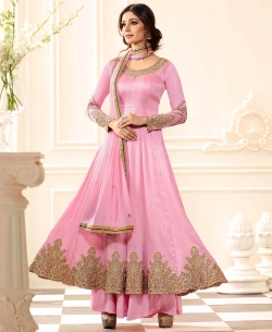 Pink Art Silk Zari And Thread Embroidery, Stone Work, Lace Border Anarkali Suits