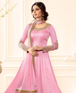Pink Art Silk Zari And Thread Embroidery, Stone Work, Lace Border Anarkali Suits
