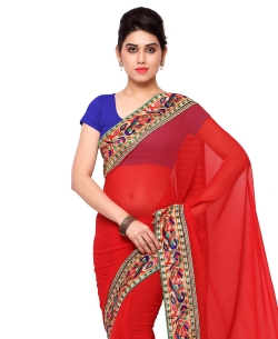 Red Georgette Peacock Pattern Border Border Sarees
