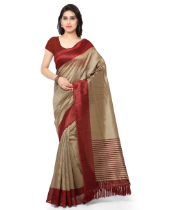 Beige Tussar Silk Stripe Pattern Regular Sarees