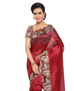 Maroon Tussar Silk Floral Printed Regular Sarees