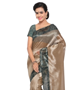 Beige Tussar Silk Floral Printed Regular Sarees