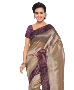 Beige Tussar Silk Floral Printed Regular Sarees