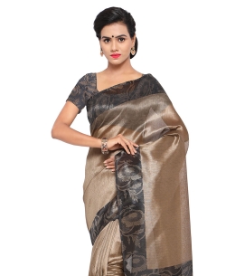 Beige Tussar Silk Floral Printed Regular Sarees