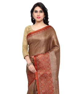 Brown Tussar Silk Kalamkari Printed Border Regular Sarees