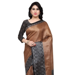 Brown Tussar Silk Kalamkari Printed Border Regular Sarees