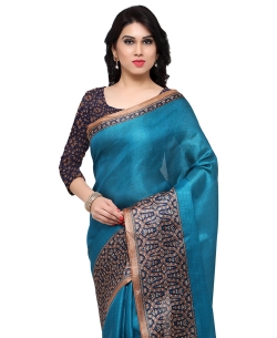 Blue Tussar Silk Kalamkari Printed Border Regular Sarees