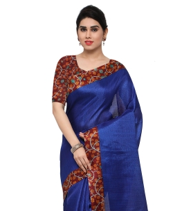 Blue Tussar Silk Leaf Pattern Border Regular Sarees