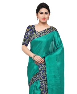 Green Tussar Silk Leaf Pattern Border Regular Sarees