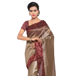 Beige Tussar Silk Floral Printed Regular Sarees