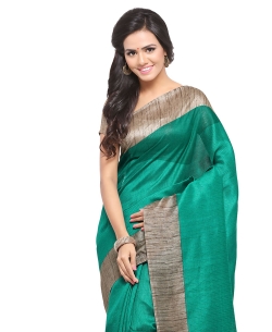 Green Tussar Silk Solid Regular Sarees