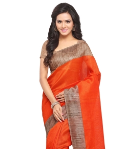 Orange Tussar Silk Solid Regular Sarees