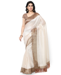 Off White Tussar Silk Solid Regular Sarees