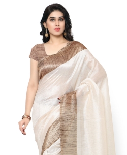 Off White Tussar Silk Solid Regular Sarees