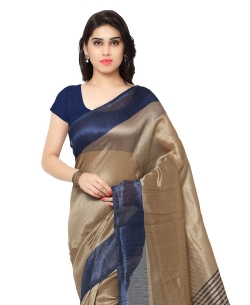 Beige Tussar Silk Stripe Pattern Regular Sarees