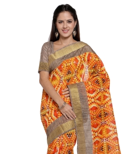 Orange Tussar Silk Ikat Printed,Zari Border Regular Sarees
