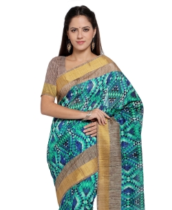 Green Tussar Silk Ikat Printed,Zari Border Regular Sarees