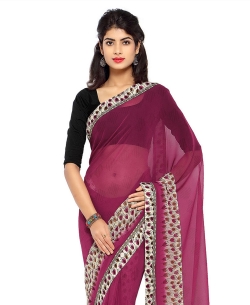 Purple Chiffon Printed, Printed Border Regular Sarees