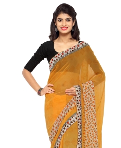 Mustard Chiffon Printed, Printed Border Regular Sarees