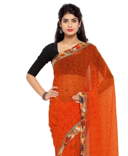 Orange Chiffon Printed, Printed Border Regular Sarees
